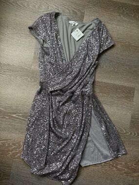 Heartloom Silver Sequin Wrap Mini Dress size small NWT